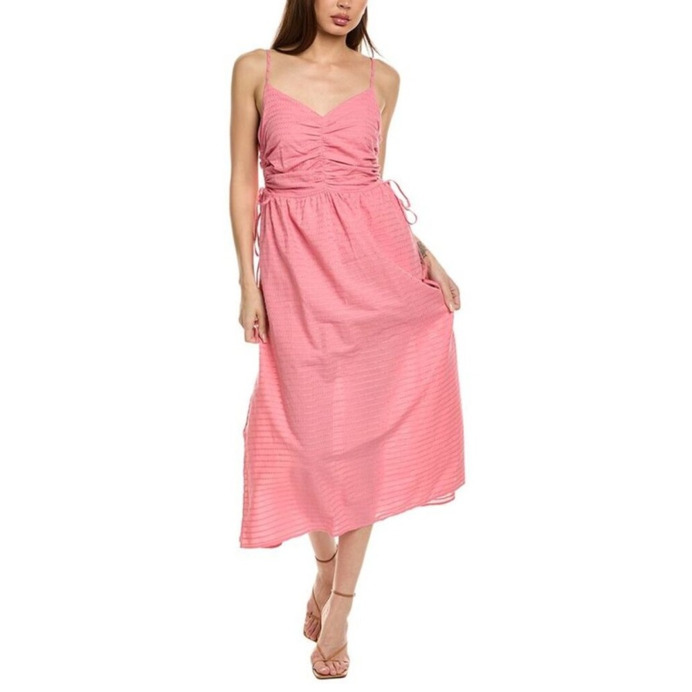 Nation LTD Dress‎ Womens Small Pink Peppa Ruched Midi Cotton Linen Side Slit NEW